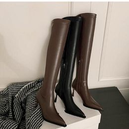 Brown Black Over the knee Boots for women Genuine Leather Fashion Long Booties Shoes Elastic Fabric Boot