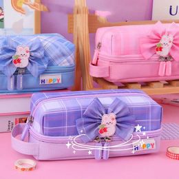 Pcs/lot Creative Lattice Bow Pencil Case Cute Bag Box Stationery Pen Pouch Office School Supplies