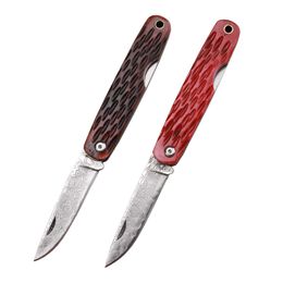 New A2243 Damascus Folding Knife Damascus Steel Blade Cow Bone with Steel Sheet Handle Outdoor EDC Pocket Knives with Nylon Bag