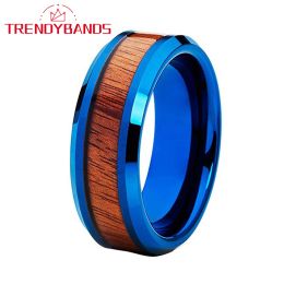 Rings Blue 8mm Mens Womens Tungsten Carbide Rings Wedding Bands Koa Wood Inlay Bevelled Edges Polished Shiny Comfort Fit