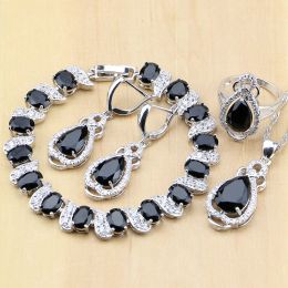 Sets 925 Silver Bridal Jewelry Black Zircon White CZ Jewelry Sets For Women Wedding Earrings/Pendant/Necklace/Rings/Bracelet