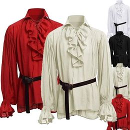 Mens Mediaeval Shirts Poets Renaissance Costume Viking Pirate Captain Lace Up Ruffle Tops Sand Collar Shirt 240219