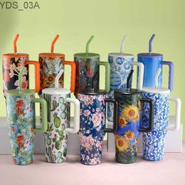 Water Bottles 40oz Flowers Travel Coffee Mug Stainless Steel Car Thermal Mug With Straw Vacuum Flask Thermos Bottle Tumbler Cups Water Cup YQ240221