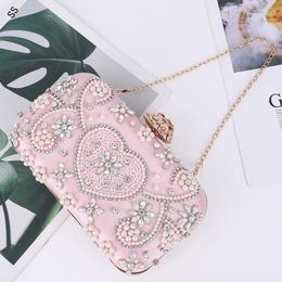 Waist Bags Handmade Pearls& Rhinestones Pink Make-up Ladies Hard Shell-clutch Gold Flower Lock Handbag