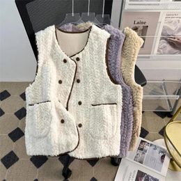 Women's Vests Lambhair Vest Jacket 2024 Autumn Winter Double Breasted Buckle Lady Waistcoat Coat Fashion Comfortable Ladies