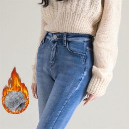 Jeans Winter Women Snow Warm Plush Stretch Pencil Pant Thermal Jeans Casual Skinny Thick Fleece Hot Legging Female Retro Blue Trousers