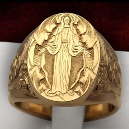 Rings HOYON Elegant Unisex 14k Yellow Gold Color Ring For men Jewelry Gift Virgin Mary Blessing Badge Hand Carved Religious Ring