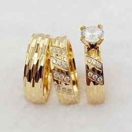 Rings Wedding Rings Sets For Men And Women 3pcs Unique Designer Hammered 24k Gold Plated Jewellery cz Diamond Couples Engagement Ring