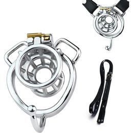 Hollow Funnel Chastity Cage Sets with Penis Ring Leather Belt Small Steel Cock Cage Devices BDSM Bondage Sex Toys For Men