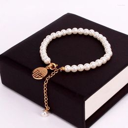 Charm Bracelets Fashion Stainless Steel Chain String Pearl Bracelet China Fu Character Round Brand Pendant Jewelry Wholesale B602