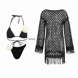 Women's Swimwear Sexy 3D Flower Bikini with Knitted Cover Up Women Swimsuit Halter Set High Cut Bandage Bathing Suits SummerH24221