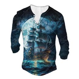 Vintage Mens Tshirts Cotton Shirt Ship Graphic T Shirts 3D Printed Long Sleeve Tees Oversized Man Clothing Top Punk Streetwear 240219