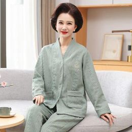 Women's Sleepwear 2024 Spring Autumn Thickened Pyjamas Middle Aged Elderly Pure Cotton Women Air Nightdress Solid Colour Warm Set