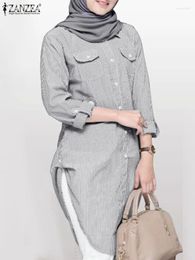 Ethnic Clothing Vintage Buttons Down Long Tops Muslim Blouse Casual Dubai Turkey Blusas Chemise ZANZEA Fashion Women Sleeve Striped Shirt