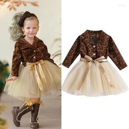 Girl Dresses FOCUSNORM 2-6Y Fashion Toddler Kids Girls Dress Long Sleeve Leopard Print Patchwork Bowknot Lace Layered Tulle Princess