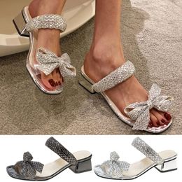 Lace Breathable Fashion Sandals Women Up Shoes Rhinestone Bowknot Chunky Heels Casual 79790