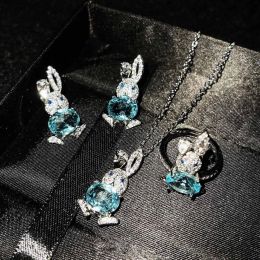 Sets HOYON Cute Rabbit Stud Earrings Natural Sky Blue Topaz Pendant Necklace Cute Opening Adjustable Rabbit Ring