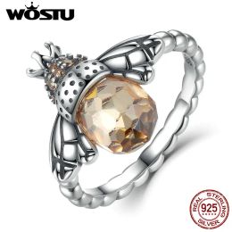 Rings WOSTU Hot Authentic 100% 925 Sterling Silver Queen Bees Yellow CZ Crystal Rings for Women Wedding Jewellery Accessories CQR025