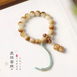 Bracelets Natural White Bodhi Root Charcoal Burned Bodhi Prayer Beads Sandalwood Cute Little Bear Bodhi Jade Rabbit Calligraphy Handheld