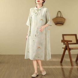 2024 New Chinese style improved cheongsam long skirt with retro printed button up diagonal cotton linen dress