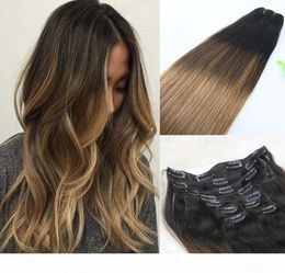 2 6 18 Clip In Human Hair Extensions Balayage Ombre Medium Brown With Ash Blonde Balayage Highlights 120gram 7Pieces4335421