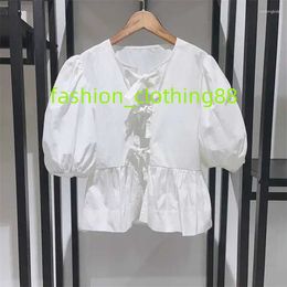 Womens Blouses Spring Summer Girls Bow Tie-up Peplum Top In Cotton Puff Sleeve Black White Cute For Women Fashion 2024