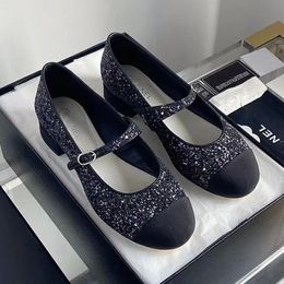 French Brand Luxury Sequin Women Designer Dress Shoes Classic Rhinestone Double Letter Ladies Buckle Casual Shoes High-quality Fashion Flat Bottomed Formal Shoe