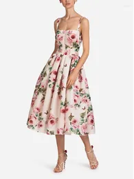 Casual Dresses 2024 Summer Fashionable Retro Rose Print Waist Wrapped Mid Length Dress For Women's Big Swing Fluffy Sling Sexy