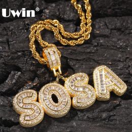 Necklaces Uwin Custom Charm Iced Cubic Zircon Small Baguettecz Initial Letters Pendant Necklace Words with 4mm Cz Tennis Chain Jewelry