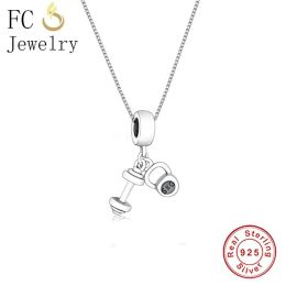 Necklaces 925 Sterling Silver Barbell Dumbbell and Wight SKG Bodybuilding Pendant Statement Necklace Women Gym Chain Collar Choker Trinket