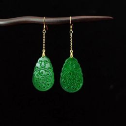 Earrings 925 Silver Natural Green Jade Hollow out DIY Earrings Charm Jewellery Fashion Accessories HandCarved Woman Luck Amulet Gifts