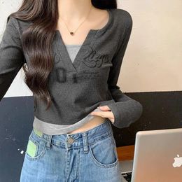 Women's T Shirts Fashion 2024 Women Tops Contrast Colour Splice Winter Autumn T- Shirt Female Clothing Sexy Crop Top Clothes Casual Blouse