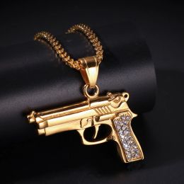 Necklaces Hip Hop Rhinestones Paved Gold Color Stainless Steel Desert Eagle Automatic Pistol Gun Pendants Necklace for Men Rapper Jewelry