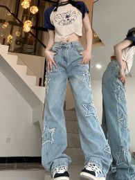 Jeans Pentagram Embroidery Streetwear Blue Jeans Woman Fashion Denim Vintage Clothes Women's Pants Straight Leg Jeans Woman High Waist