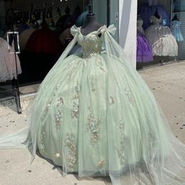 Mint Green Quinceanera Dresses Spaghetti Strap With Wrap Sweet 15 Gowns 3D Flower Bead Vestidos De Quinceanera