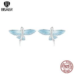 Earrings BISAER 925 Sterling Silver Flying Fish Stud Earrings Blue Animal Earrings Plated White Gold For Woman Party Fine Jewelry Gift