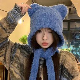 Berets 2024 Cute Bear Ears Plush Women's Hats Autumn And Winter Korean Version Versatile Thermal Ear Protection Knitted Bomber Cap