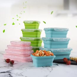 Silikon Katlanır Öğle Yemeği Kutuları Dikdörtgen Katlanabilir Bento Kutusu Gıda Konteyneri Kase 350/500/800/1200 ML 4 PCS/SET