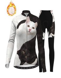 2021 Women039s Long Sleeve Cycling Jersey with Tights Winter Fleece Polyester BlackWhite Cat Animal Bike Clothing Suit9264574