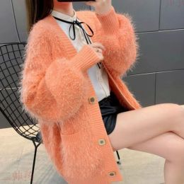 Cardigans Orange Faux Fur Winter Autumn Women Sweaters Trendy Furry Plush VNeck Long Loose Korean Oversized Jacket Sweater Tops Overcoat