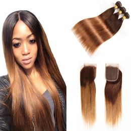 430 Dark Root Brown Blonde Straight Ombre Human Hair Weave 34 Bundles with Lace Closure Cheap Brazilian Virgin Hair Extensions7381126