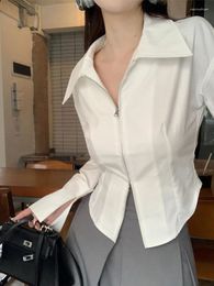 Women's Blouses Spring Fall Sexy Zipper White Shirt Fashion Solid Long Sleeve Cardigan Blouse 2024 French Lapel Slim Female Clothing