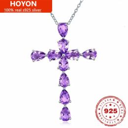 Necklaces HOYON silver 925 real 100% Inlaid Amethyst Pendant Beaded Necklace Synthetic Colour Stone Cross Pendant Female Clavicle Chain