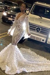 Mermaid White Feather Prom Dress Vintage Sheer Long Sleeves Sexy Sequins V-neck Black Girls Graduation Party Evening Gowns