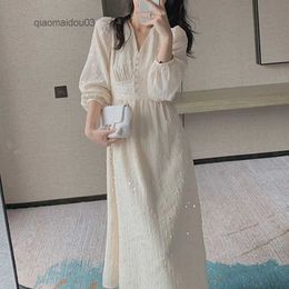 Two Piece Dress Korean Sequins Party Dress New Vintage French Puff Sleeve Midi Dresses for Women V Neck Elegant Fairy Wedding Dress Robe 20586L2402