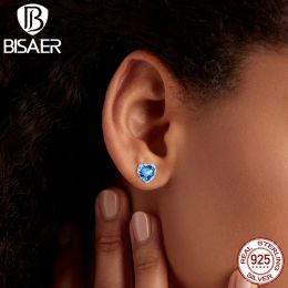 Earrings BISAER 925 Sterling Silver Stud Earrings Simple Blue Heart Plated Platinum Ear For Women Party Wedding Fine Jewelry EFE655