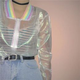 Waistcoats Harajuku Summer Women Jacket Laser Rainbow Symphony Hologram Women BasicCoat Clear Iridescent Transparent Bomber Jacket Sunproof