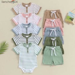 Clothing Sets Toddler Baby Boy Girl Summer Clothes Sets for Newborn Ribbed Striped Short Sleeve Cotton Romper Shorts Infant Outfit Clothing