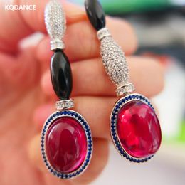 KQDANCE Luxury Large Black Resin CZ Diamond Oval Egg Cut Ruby Red Pearl Long Drop Earrings With 925 Silver Needle Jewelry Woman 240220