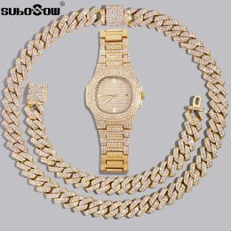 Bracelets Hip Hop Men Cuban Link Chain Bracelet With Wrist Watches Bling Iced Out Chain Full Rhinestone Paved Crystal Bracelets Jewellery
